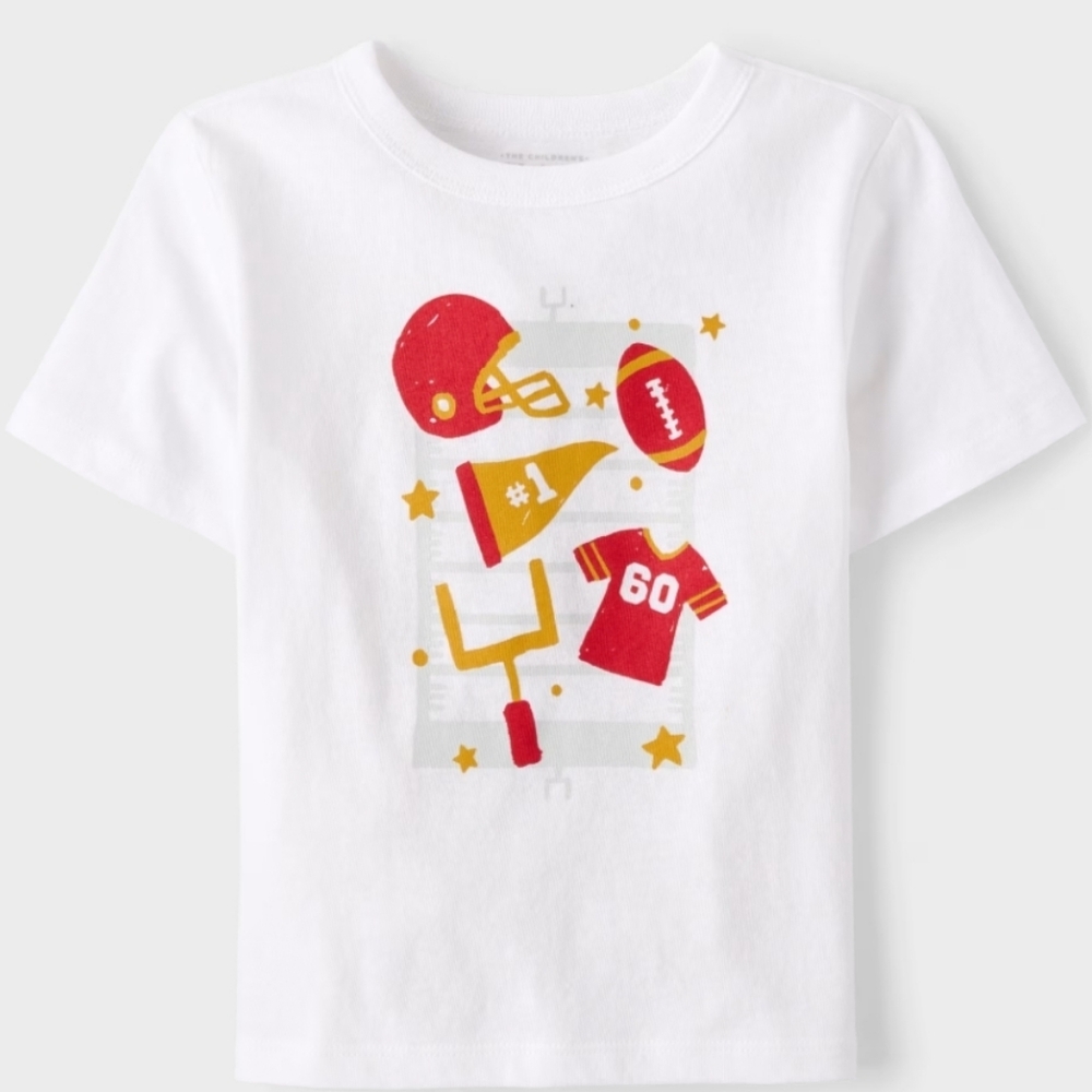 The Children's Place White Tee with Red and Yellow Football Graphic NWT